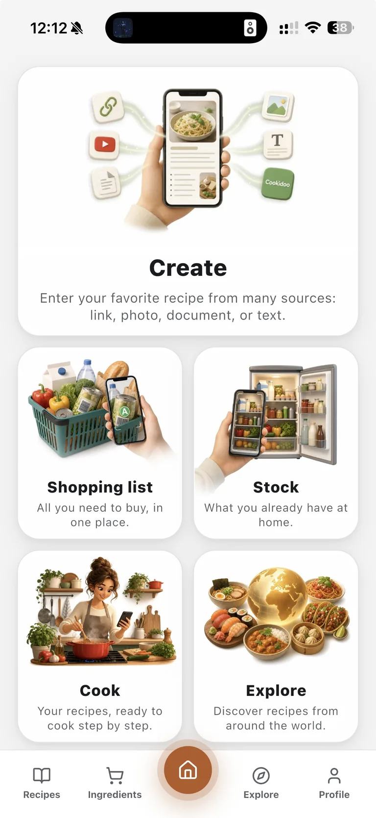 The real CuisineLab Home screen with the Create, Shopping list, Stock, Cook and Explore cards